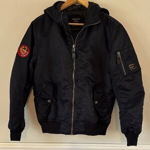 Superdry Navy Blue Bomber Jacket with Tiger Patch and  Silver Zipper Y2K Size S